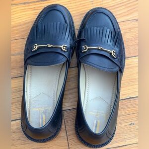 Sam Edelman Black Leather Kiltie Loafers with Gold Bit